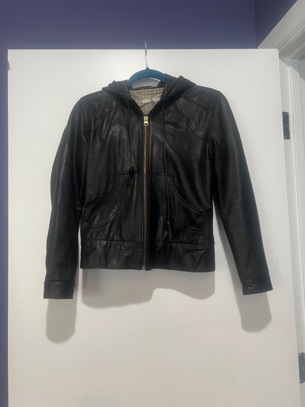 Vintage Mike & Chris Black Leather Hooded Zip Jacket cropped XS
